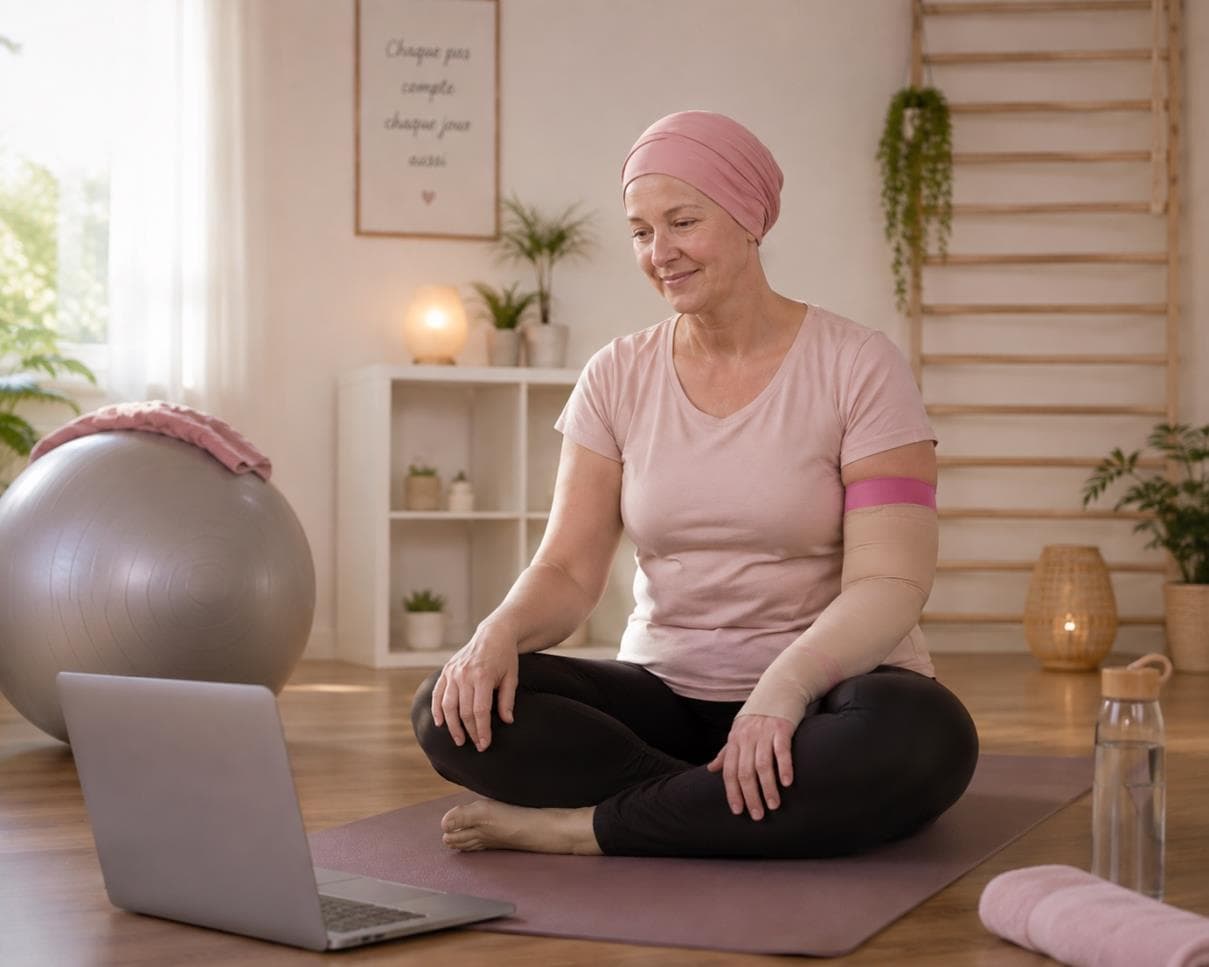 Une participante assise sur un tapis suit une activité en ligne devant son ordinateur.