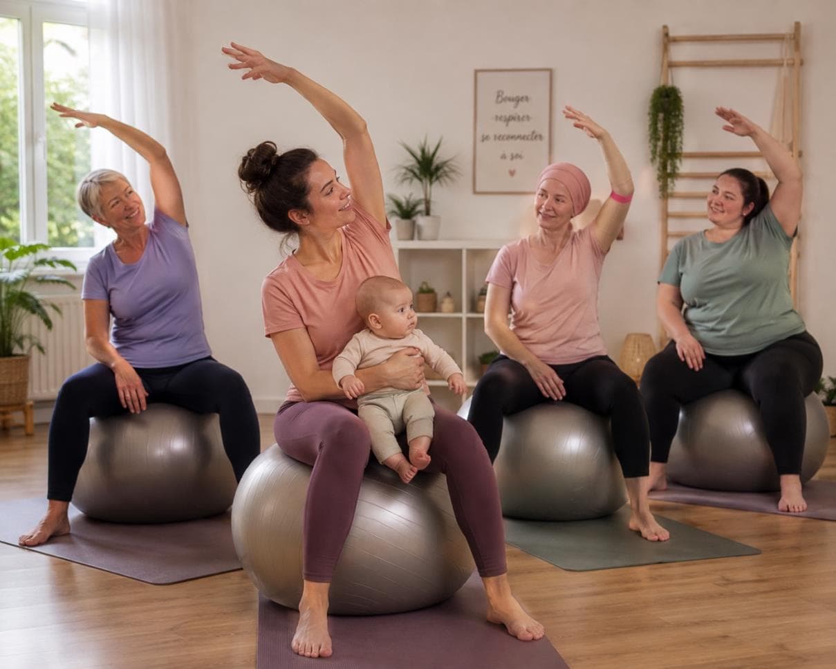 Quatre participantes assises sur des ballons réalisent un étirement latéral, dont une tient un bébé.