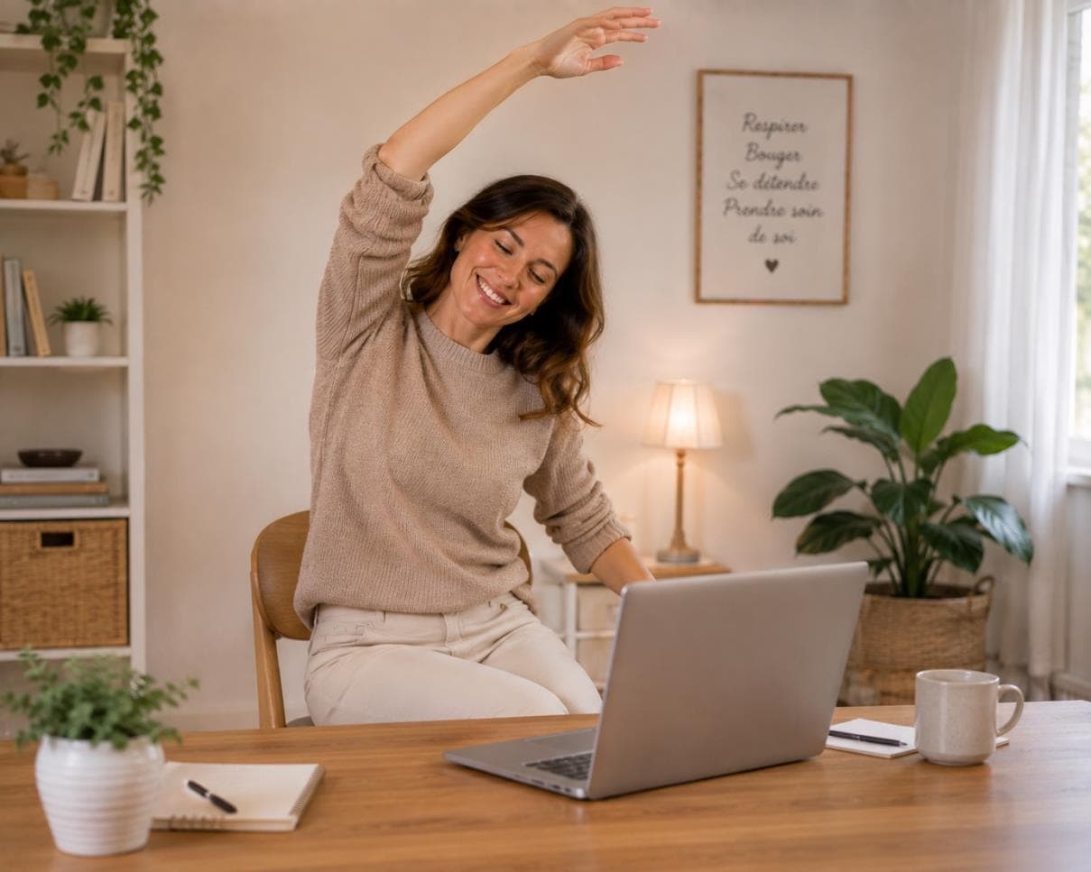 Une participante assise sur une chaise réalise un étirement latéral devant son ordinateur.