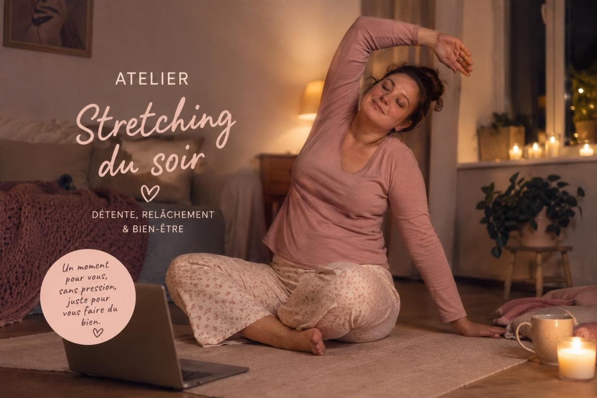 Affiche de l’atelier Stretching du soir, avec une participante réalisant un étirement latéral.