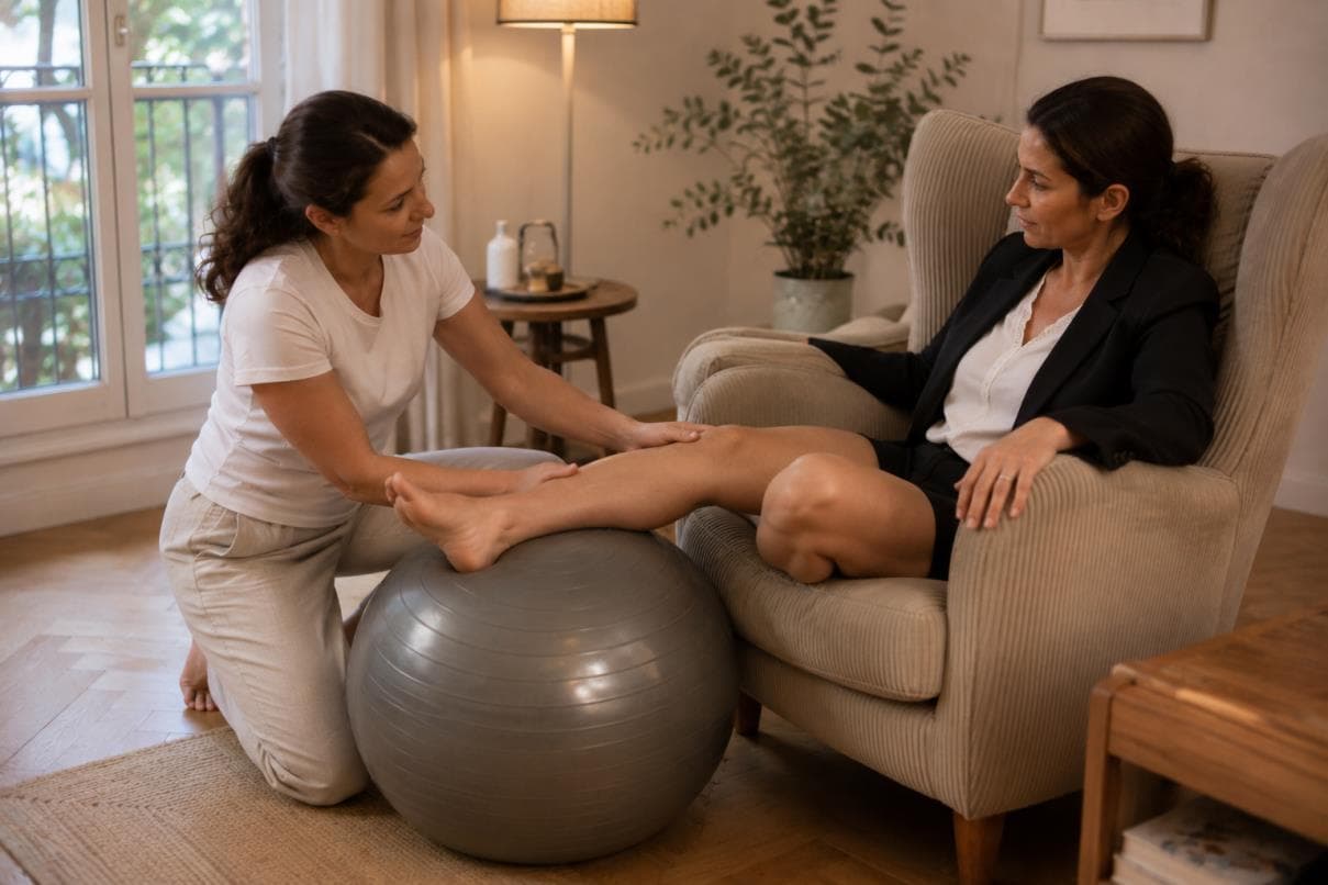 Exemple d’installation à domicile pour les jambes, dans un fauteuil avec les pieds posés sur un ballon.